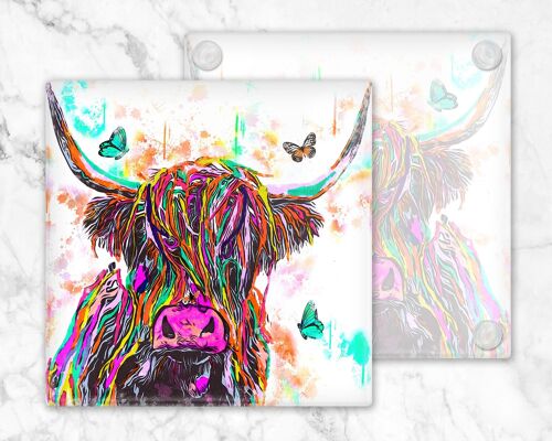 Highland Cow and Butterflies Glass  Coaster, Drinks Holder, Colourful Coo's, Scotland, Scottish Gift, Highland Cow Gift