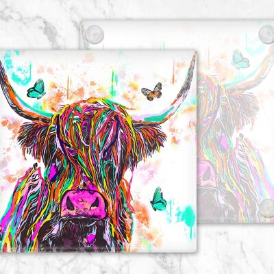 Highland Cow and Butterflies Glass Coaster, Porte-boissons, Colorful Coo's, Ecosse, Cadeau écossais, Highland Cow Gift