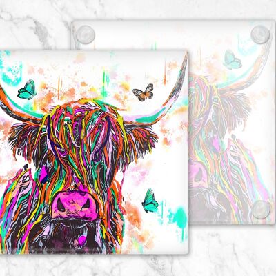 Highland Cow and Butterflies Glass  Coaster, Drinks Holder, Colourful Coo's, Scotland, Scottish Gift, Highland Cow Gift