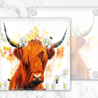 Highland Cow Daisies and Bees Glass Coaster, Porte-boissons, Colorful Coo's, Ecosse, Cadeau écossais, Highland Cow Gift