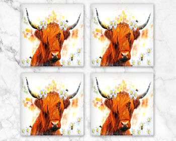 Highland Cow Daisies and Bees Glass Coaster, Porte-boissons, Colorful Coo's, Ecosse, Cadeau écossais, Highland Cow Gift 3