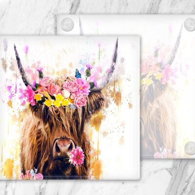 Highland Cow Flowers Coasters ,Floral Coaster, Cow Coasters, Flowers, Highland Cow Gift, Highland Cows, Glass Coasters, Drinks Holder