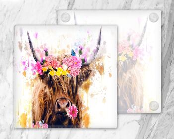 Sous-verres de fleurs de vache des Highlands, sous-verre floral, sous-verres de vache, fleurs, cadeau de vache des Highlands, vaches des Highlands, sous-verres en verre, porte-boissons 5