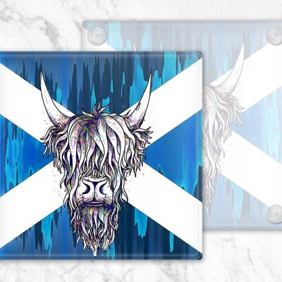 Sottobicchiere in vetro Highland Cow Saltire, portabevande, Coo colorato, Scozia, regalo scozzese, regalo Highland Cow