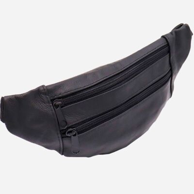 Pouch bag - Bum bag leather - flat - 2 zippers Black