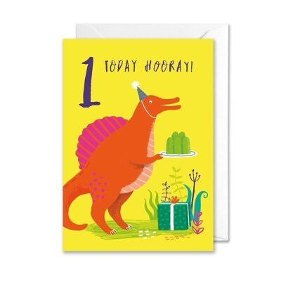 Tarjeta de cumpleaños de dinosaurio de 1er cumpleaños