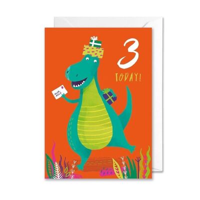 Biglietto di compleanno per il terzo compleanno di un dinosauro