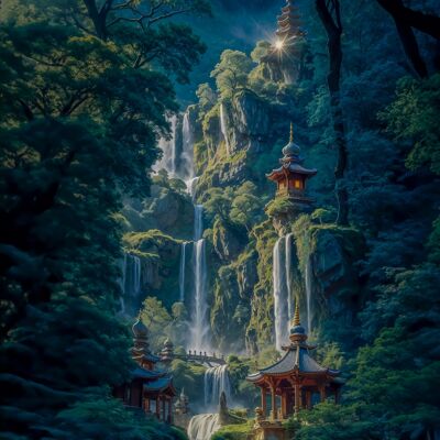 Zen-Tempel und Wasserfall