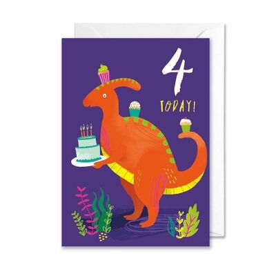 Carte d'anniversaire de dinosaure du 4ème anniversaire