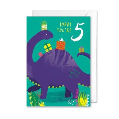 Biglietto di compleanno per il quinto compleanno di un dinosauro