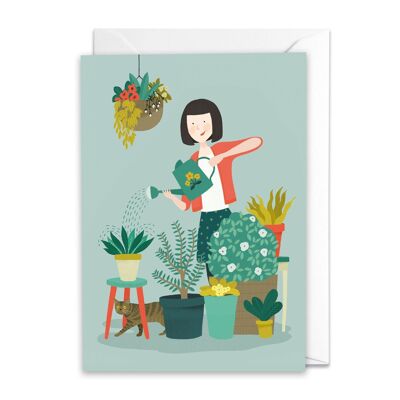 Regar las plantas con tarjeta de gato