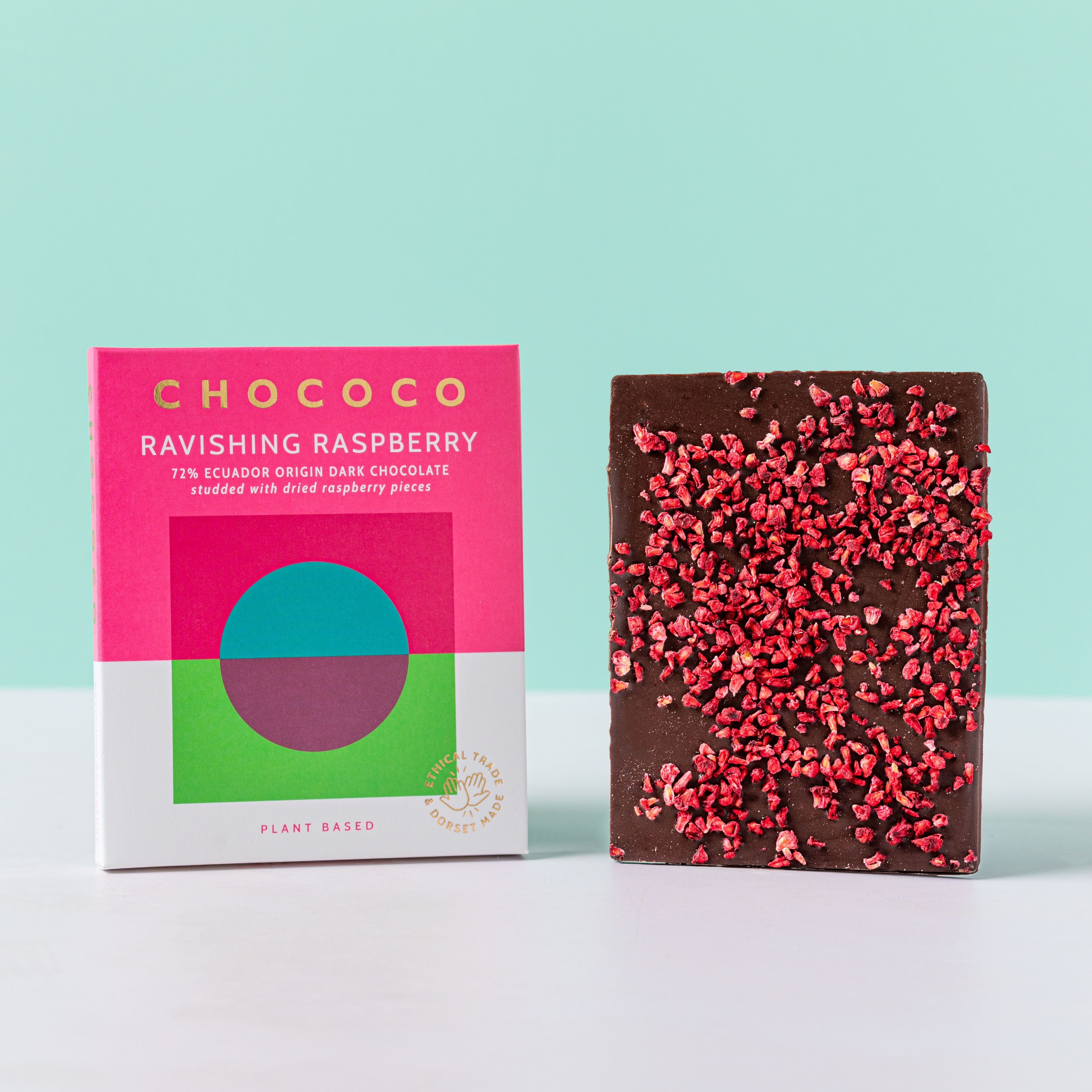 72% Ecuador dark chocolate studded with raspberries