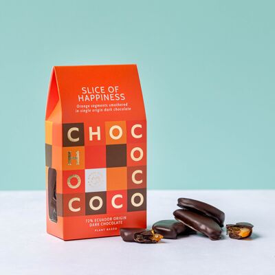 „Ein Stück Glück“ Orangensegmente in 72 % dunkler Schokolade