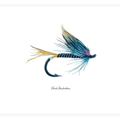 Cartel de pesca con mosca, pintado en acrílico.