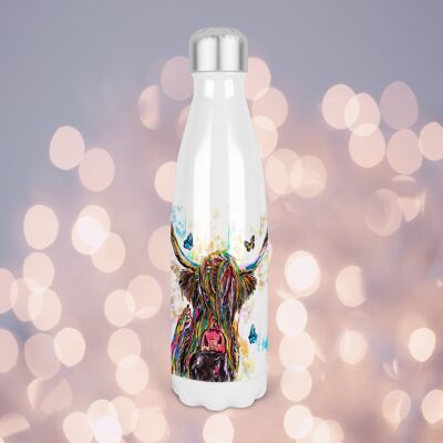 Highland Cow & Butterflies Botella de bebidas con forma de pin de bolos con aislamiento térmico de 500 ml, Hecho en Escocia, Regalo de vaca de las Tierras Altas, Amantes de las vacas de las Tierras Altas, Regalo escocés