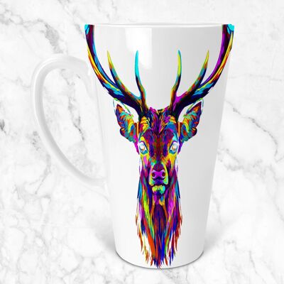 Taza de café con leche flaca de 17 oz de cerámica de acuarela de ciervo de color arco iris, taza de café con leche de ciervo, taza de amantes del ciervo, regalo de los amantes del ciervo, taza de café con leche flaco