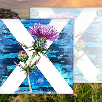 Saltire Abstraktes Distel-Glasuntersetzer-Set, schottischer Distel-Untersetzer, schottischer Untersetzer, Highland-Untersetzer, schottisches Geschenk, Set mit 4 Untersetzern