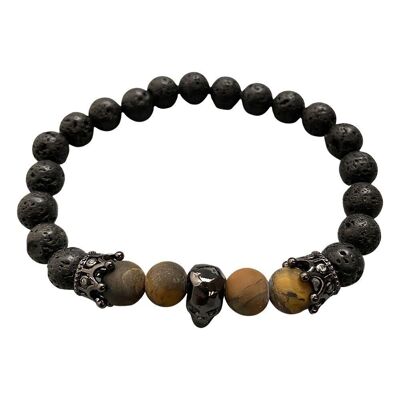 Totenkopf-Armband, Lava und Holz, metallisches schwarzes Finish