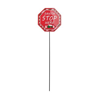 Panneau "Santa stop here" rouge 25 x 25 x 90 cm  - Décoration de Noël