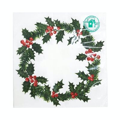 Eco-Friendly Christmas Holly Wreath Napkins - 20 Pack