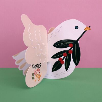 Ausklappbare 3D-Weihnachtskarte „Peace, Love & Joy“ mit Taube