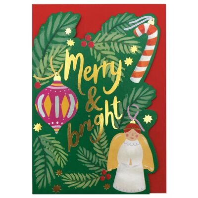 Tarjeta de Navidad con decoraciones para árboles de Navidad 'Merry & Bright'