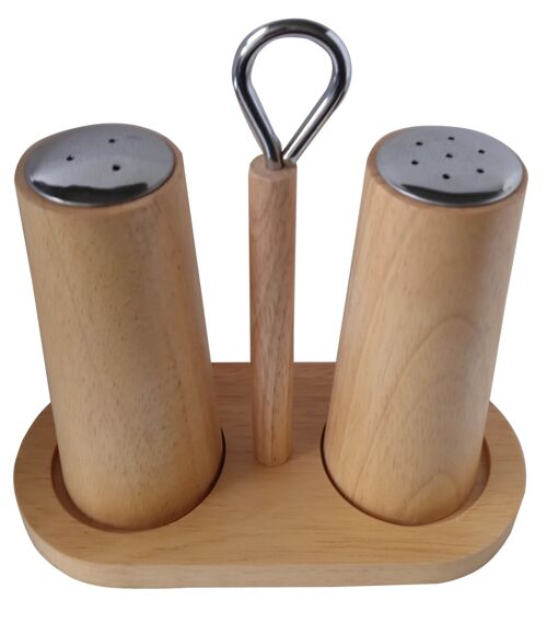 Wooden Salt and Pepper Set,  with metallic elements.  Dimension: 19x9x19cm (total) / 6x13cm (container) AA-058