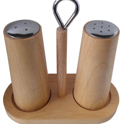 Wooden Salt and Pepper Set,  with metallic elements.  Dimension: 19x9x19cm (total) / 6x13cm (container) AA-058