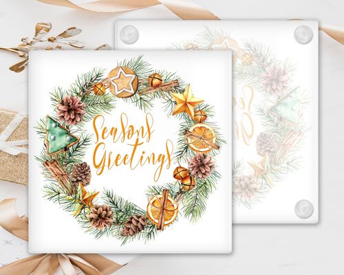 Seasons Greetings Glass Coasters, Christmas Themed Coasters, Glass Coasters,Drinks Holder, Christmas Table Coasters, Merry Christmas