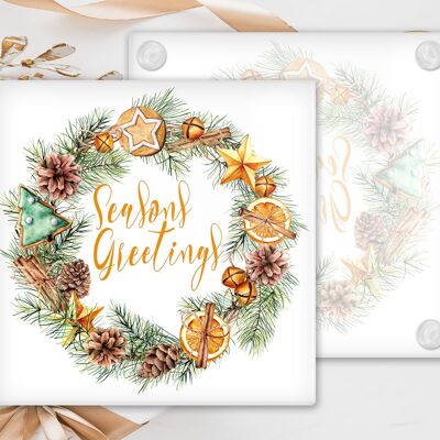 Seasons Greetings posavasos de vidrio, posavasos temáticos de Navidad, posavasos de vidrio, soporte para bebidas, posavasos de mesa de Navidad, Feliz Navidad