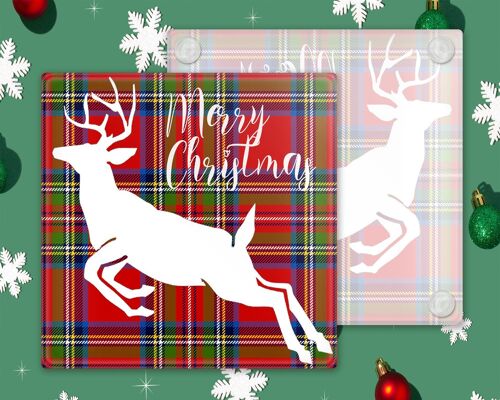 Tartan Stag Christmas Glass Coasters, Christmas Themed Coasters, Glass Coasters,Drinks Holder, Christmas Table Coasters, Merry Christmas