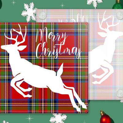 Tartan Stag Christmas Glass Coasters, Christmas Themed Coasters, Glass Coasters,Drinks Holder, Christmas Table Coasters, Merry Christmas