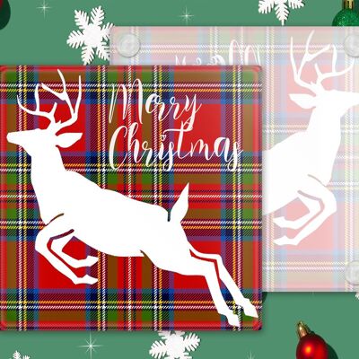 Tartan Stag Christmas Glass Coasters, Sottobicchieri a tema natalizio, Sottobicchieri in vetro, Portabevande, Sottobicchieri da tavola natalizia, Buon Natale