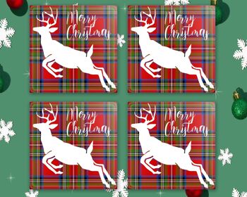 Sous-verres en verre Tartan Stag Noël, sous-verres sur le thème de Noël, sous-verres en verre, porte-boissons, sous-verres de table de Noël, joyeux Noël 2