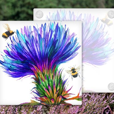 Thistle and Bees Glass Coaster, Porte-boissons, Buzzy Bees Coaster, Ecosse, Cadeau écossais, Buzzy Bees Gift