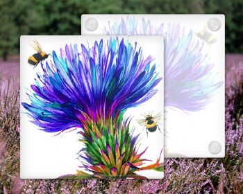 Thistle and Bees Glass Coaster, Porte-boissons, Buzzy Bees Coaster, Ecosse, Cadeau écossais, Buzzy Bees Gift 1