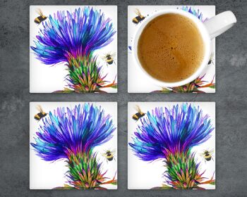 Thistle and Bees Glass Coaster, Porte-boissons, Buzzy Bees Coaster, Ecosse, Cadeau écossais, Buzzy Bees Gift 2