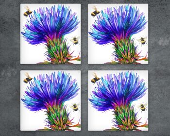 Thistle and Bees Glass Coaster, Porte-boissons, Buzzy Bees Coaster, Ecosse, Cadeau écossais, Buzzy Bees Gift 3