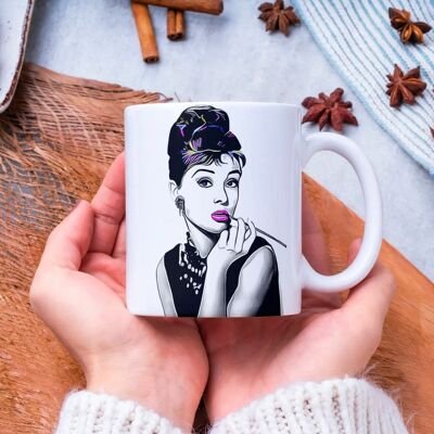 Taza de café/té de cerámica de Audrey Hepburn de colores brillantes
