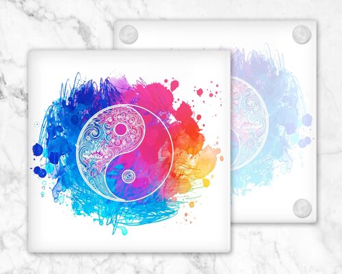 Yin Yang Mandala Glass Coasters, Drinks Holder, Surface Saver, Zen Decor, Mandala Gift, Meditation Decor, Zen Gift, Yin Yang Gift
