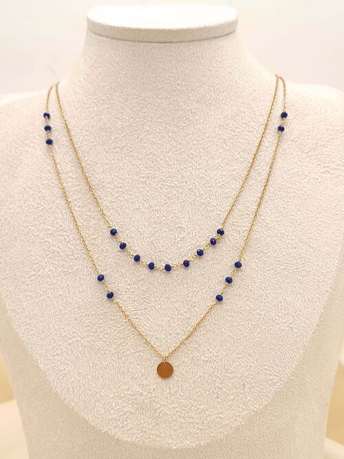 Collier double chaîne avec perles bleues