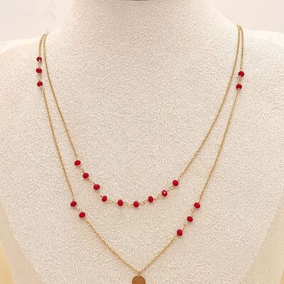 Collier double chaîne avec perles rouges