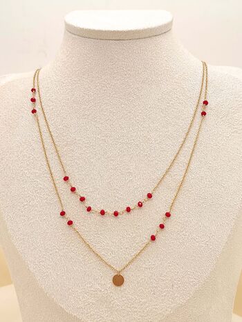 Collier double chaîne avec perles rouges 1