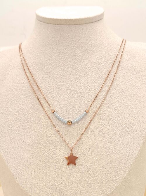 Collier double chaîne rosé avec pendentif étoile et perles bleue