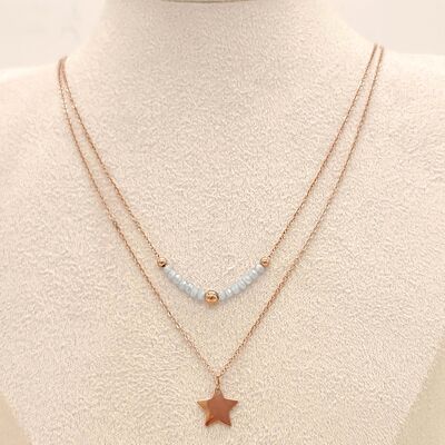 Pink double chain necklace with star pendant and blue beads
