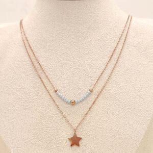 Collier double chaîne rosé avec pendentif étoile et perles bleue
