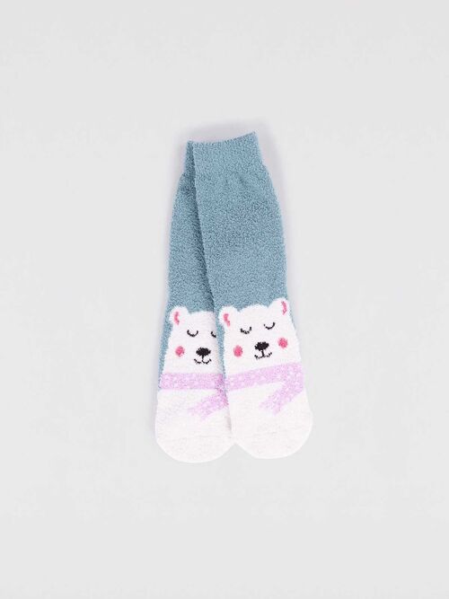 Billie Recycled Polyester Kids Animal Fluffy Sock - Eucalyptus Blue - Size 2Y-3Y