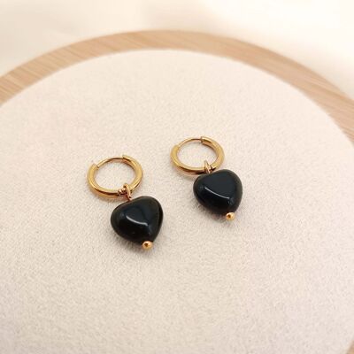 Mini hoop earrings with black heart pendant