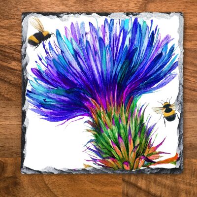 Azulejo de pizarra decorativo de cardo grande y abejas, pizarra de fotos, soporte de sartén, protector de encimera, salvamanteles, foto de pizarra, regalo escocés, amantes de las abejas, abejas zumbadoras