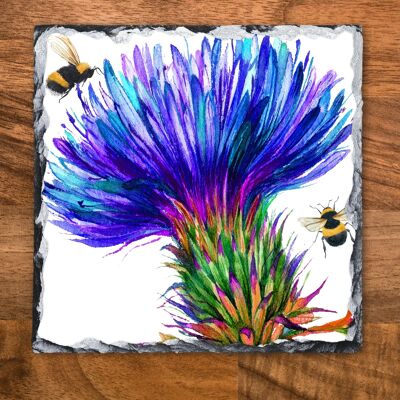 Piastrella in ardesia decorativa con cardo grande e api, ardesia fotografica, supporto per padella, salvapiano, sottopentola, foto in ardesia, regalo scozzese, amanti delle api, api ronzanti